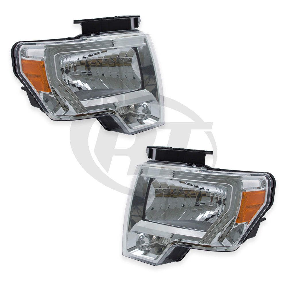 Headlights Headlamps Pair Set for 09-14 Ford F150 Pickup (Chrome) Left & Right