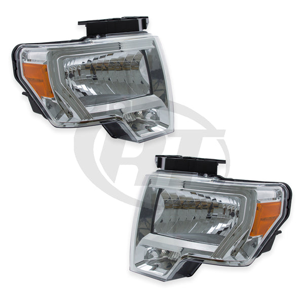 Headlights Headlamps Pair Set for 09-14 Ford F150 Pickup (Chrome) Left & Right