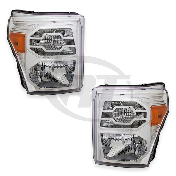 Headlights Lamps (Chrome) for 11-16 Ford Super Duty Pickup Left & Right Pair Set