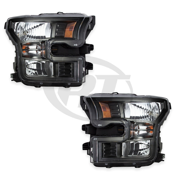 Headlights Lamps (Black) for 15-17 Ford F150 Pickup Left & Right Pair Set